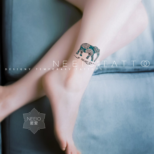 neeio纹身贴 蓝色大象图腾 原创情侣小象脚踝 纹身贴纸防水女
