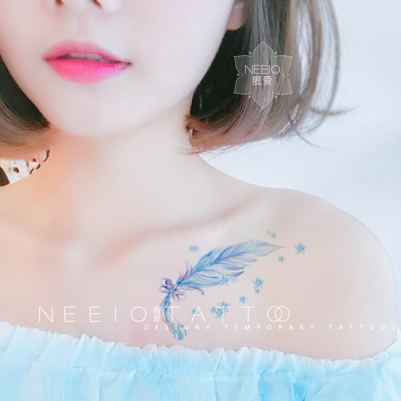 neeio纹身贴 仙羽落花 清新古风蓝色羽毛花瓣肚子遮小疤痕 防水女