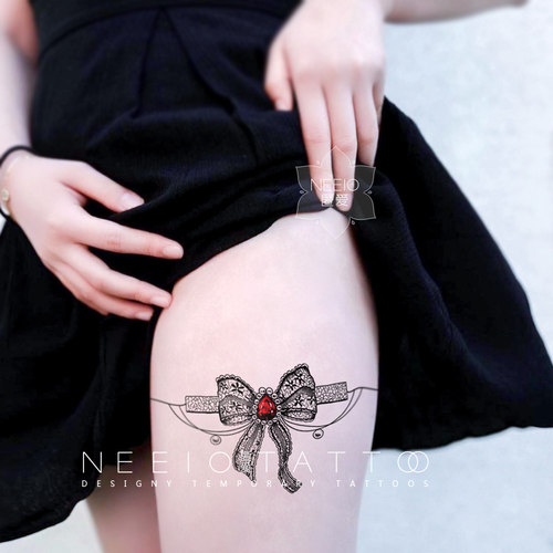 neeio纹身贴 黑色蕾丝蝴蝶结 性感古典珠宝腿臂环脚踝原创防水女