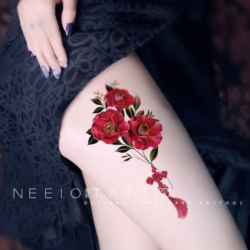 neeio纹身贴 红色山茶花 古风性感花朵胸前大腿脚踝遮疤痕防水女