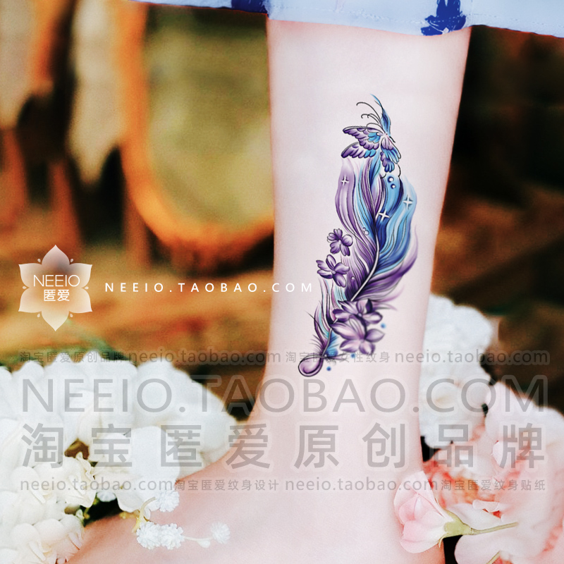 neeio纹身贴 蓝梦花蝶羽毛 遮挡小腹脚踝胸前疤痕性感贴纸防水女