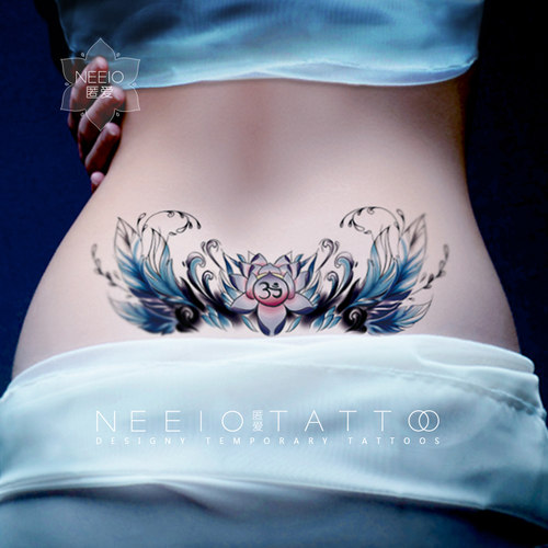 neeio纹身贴 莲花蓝羽 翅膀羽毛瑜伽OM符号腰腹肚子挡疤痕 防水女
