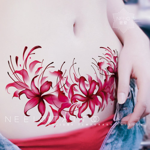neeio纹身贴 红色彼岸花海 性感遮瑕疤痕妊娠纹腰腹部大图防水女