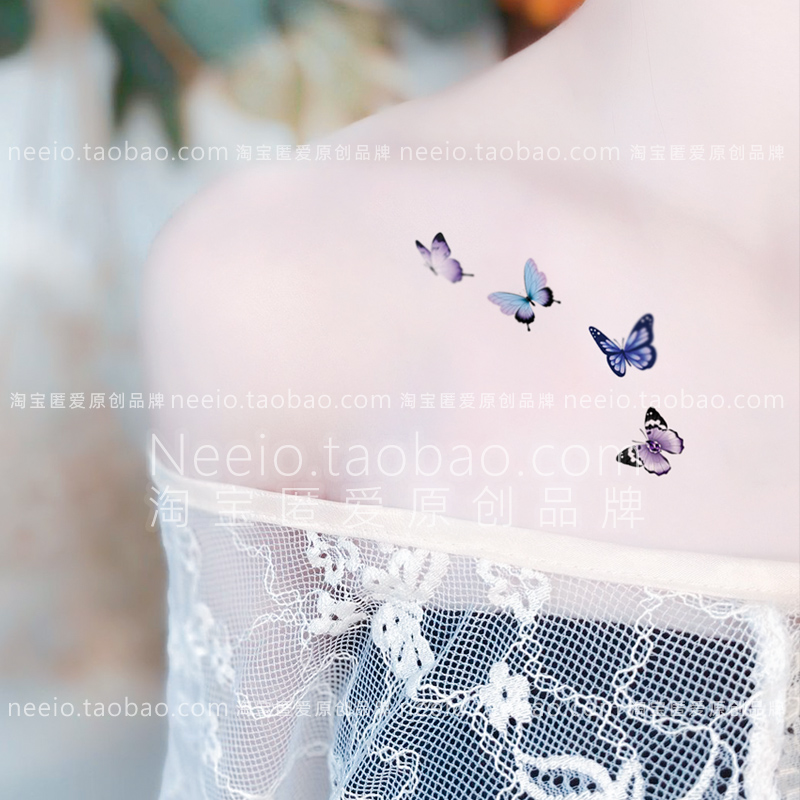 neeio纹身贴 蓝色小蝴蝶 清新唯美爱心虎口手腕锁骨多图防水女