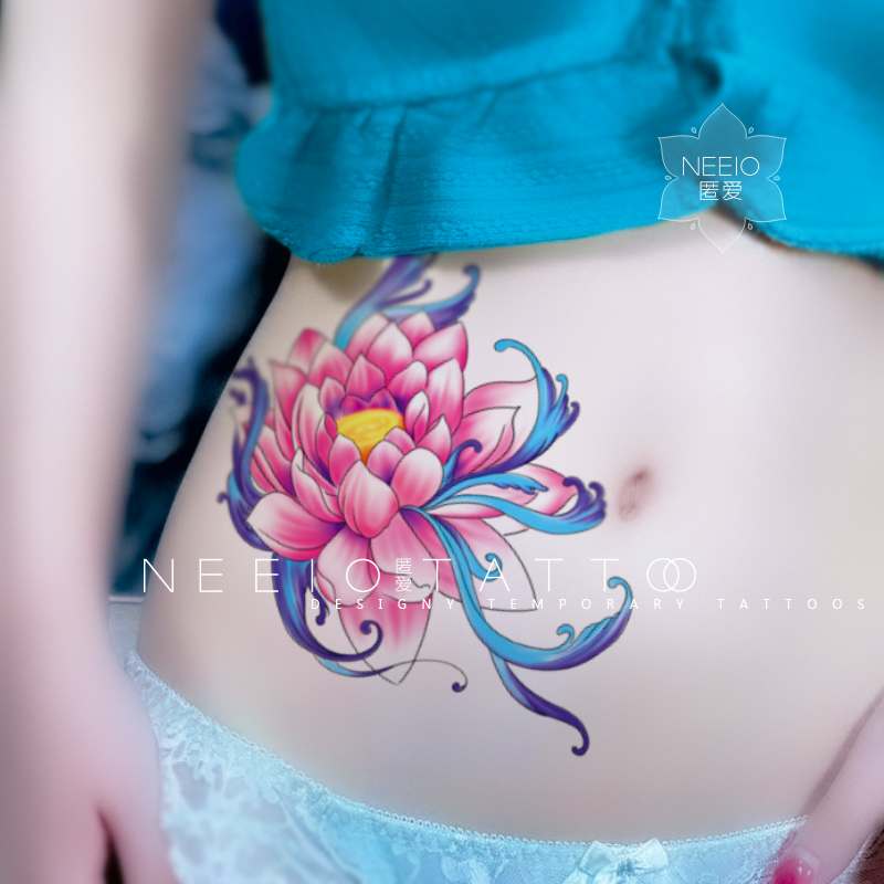 neeio纹身贴 贵妃千层红莲花 古风荷花性感腰腹腿遮大疤痕 防水女