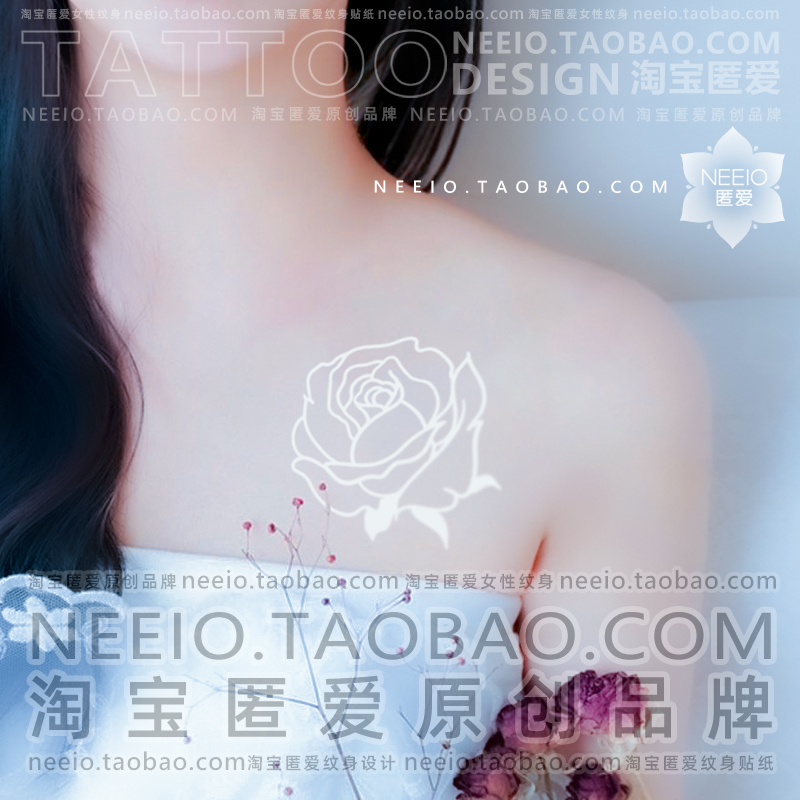 neeio纹身贴 白色玫瑰花 清新简约线条ins风高级感胸前锁骨防水女