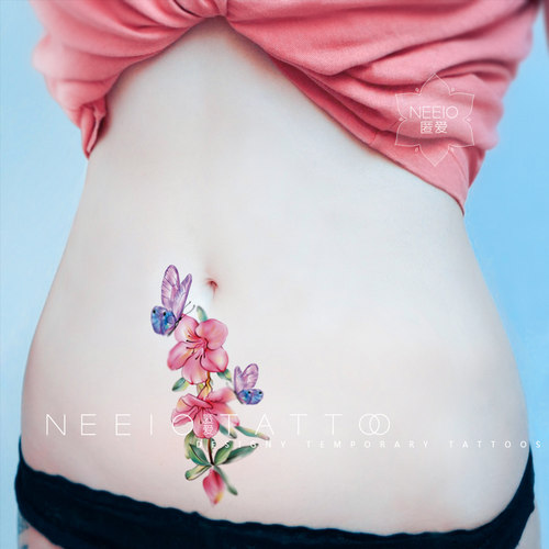 neeio纹身贴 新桃花蝴蝶梦 清新性感肚子遮挡剖腹产竖疤痕 防水女