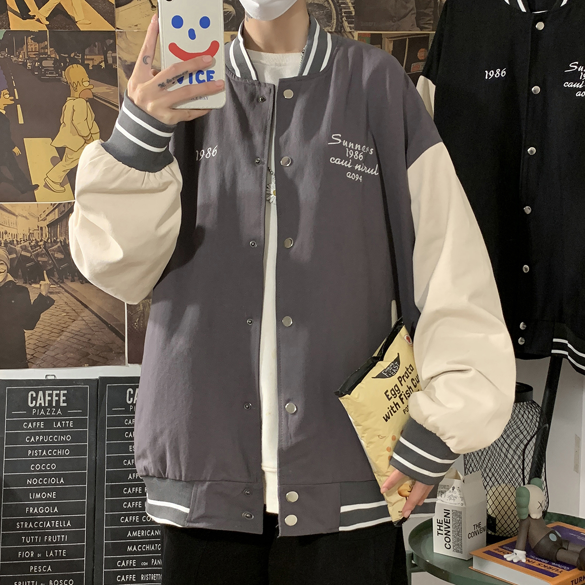 2021 spring port fashion men's baseball collar jacket contrast wash embroidered coat