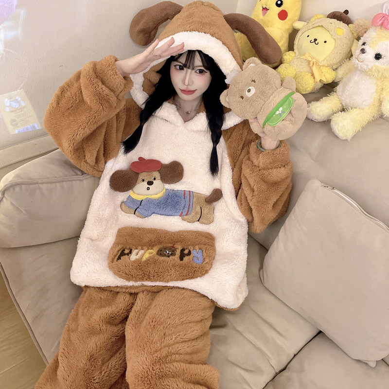 珊瑚绒卡通睡衣女士加大码加厚加绒长毛绒韩版肥码少女套装家居服