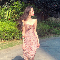 Real price floral lace up mid long suspender dress