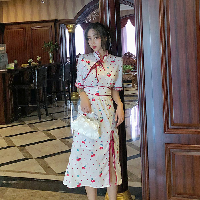 Improved cherry cheongsam dress