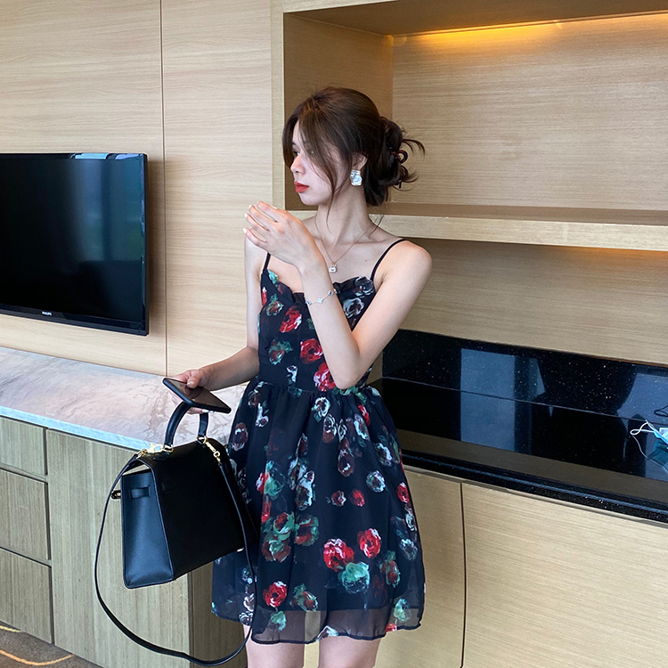 Real price, versatile, slim rose print, high waist suspender, floral puff dress