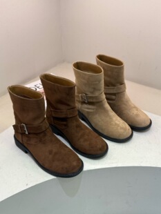 2025秋冬小众套筒短靴粗跟皮带扣马丁靴女法式显瘦绒面西部靴