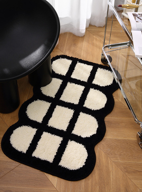 ins风卫生间吸水地垫地毯黑白格子脚垫 细密绒毛防滑速干浴室垫子