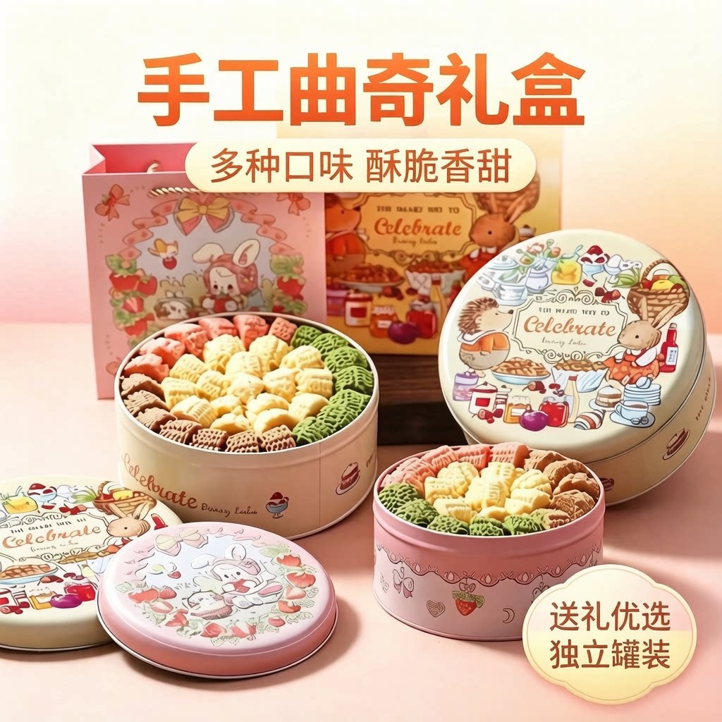 小花黄油曲奇饼干小熊铁罐配礼袋
