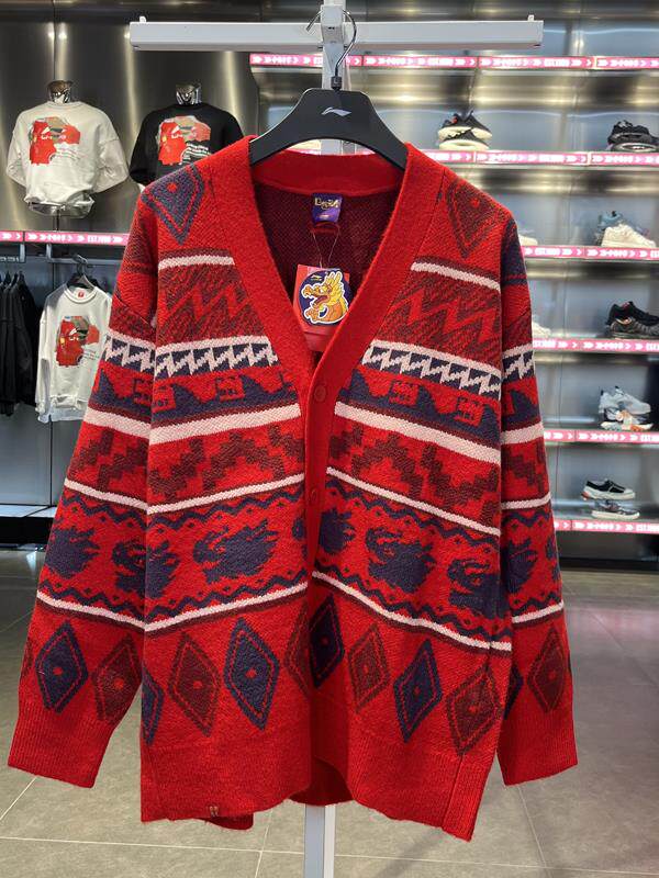 LI NING RI JIN DOU JIN JACKET 2024 년 용 봄 축제 남성과 여성 같은 스타일의 느슨한 카디건 니트 스웨터 AMBU021