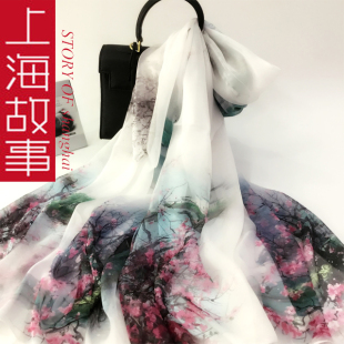上海故事真丝丝巾长款披肩围巾女款妈妈中老年桑蚕丝品牌送礼纱巾