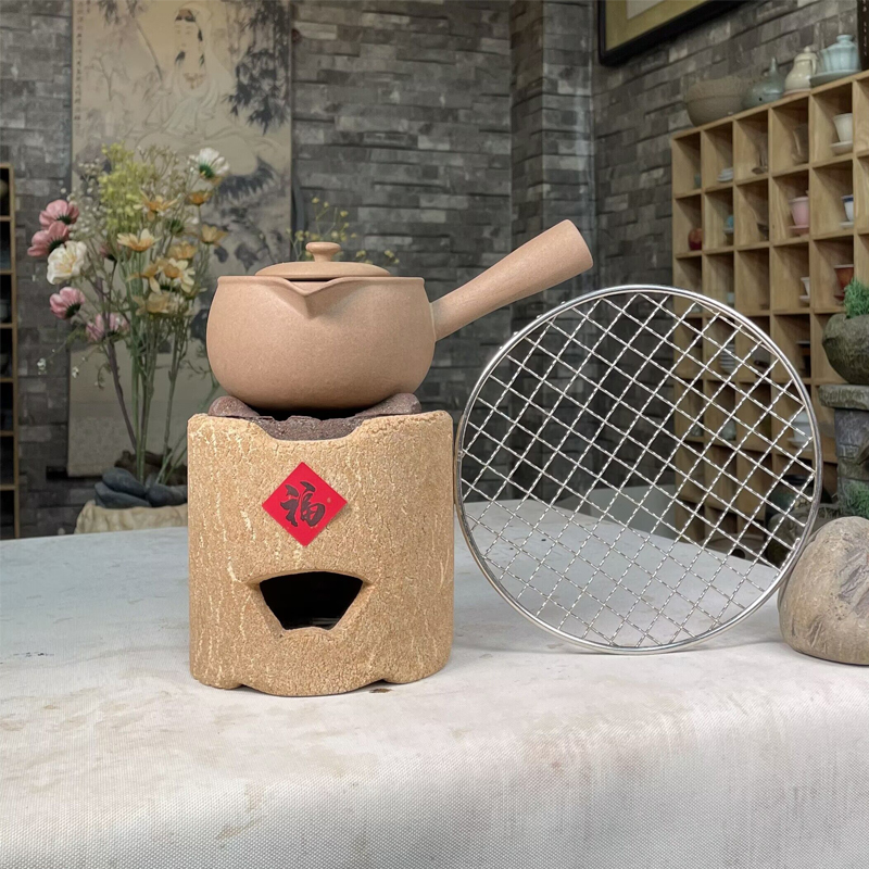 多福侘寂风围炉陶土炭炉煮茶器功夫木炭茶炉过滤侧把壶可明火加热