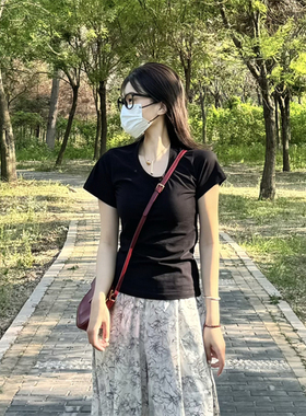 Sparrow Lab露锁骨U领上衣修身棉黑色t恤短袖女夏新款纯色打底衫