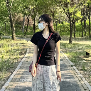 女夏新款 Sparrow Lab露鎖骨U領上衣修身 棉黑色t恤短袖 純色打底衫