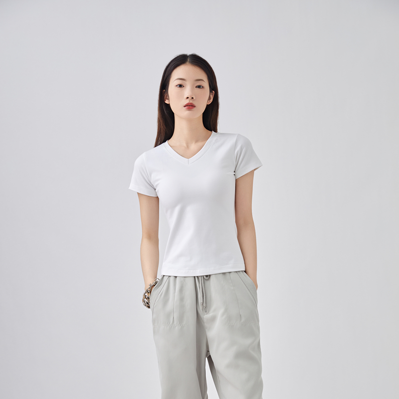 Sparrow Lab正肩短袖V领t恤女夏季纯棉修身显瘦基础百搭锁骨上衣