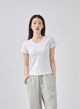 Sparrow Lab正肩短袖V领t恤女夏季纯棉修身显瘦基础百搭锁骨上衣