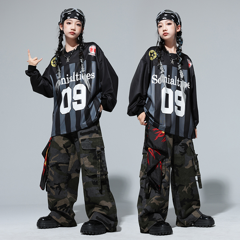 2025新款hiphop街舞儿童潮服印花长袖迷彩裤嘻哈风演出服套装潮酷