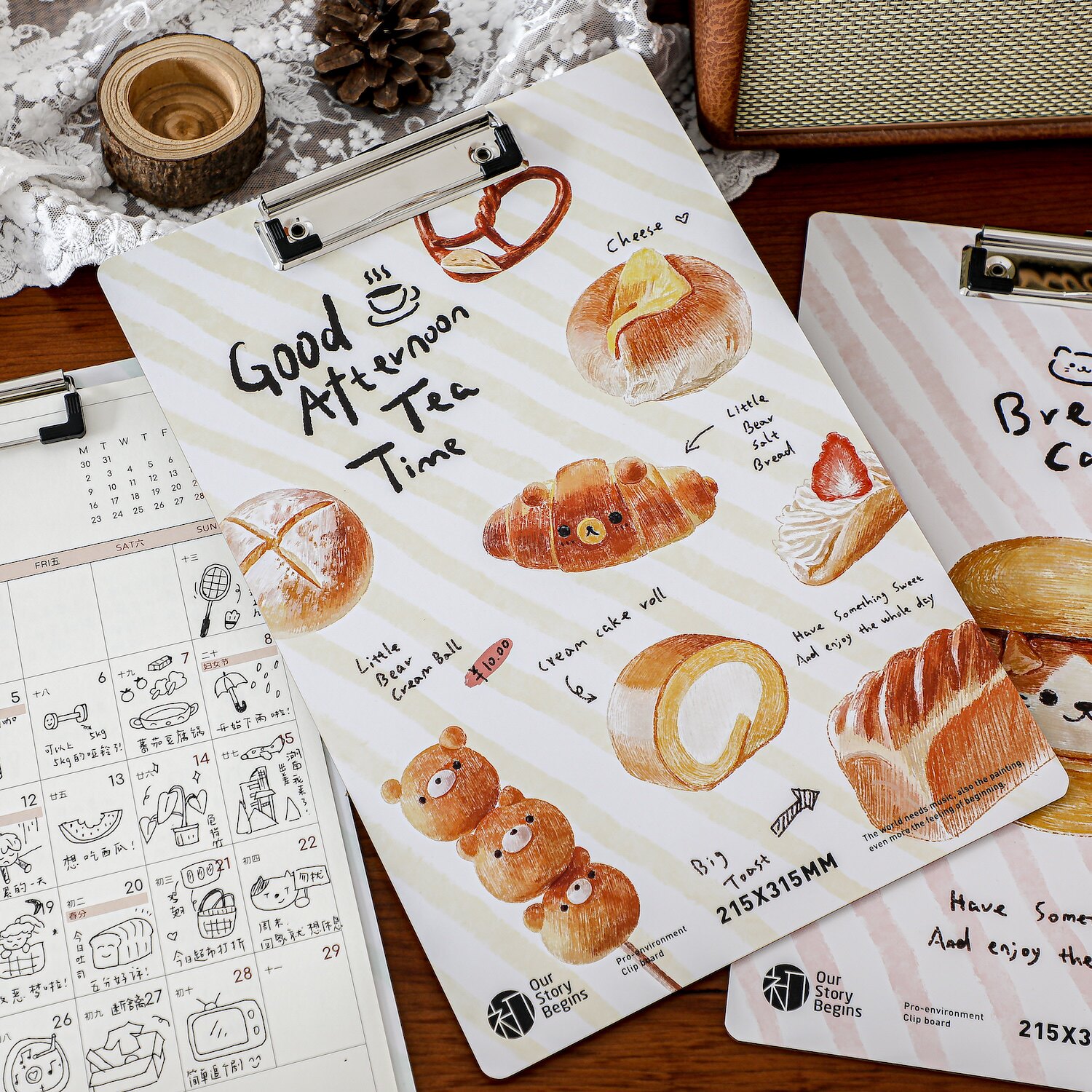 可爱面包坊卡通A4文件夹试卷夹写字垫板木质板夹资料夹文件夹板