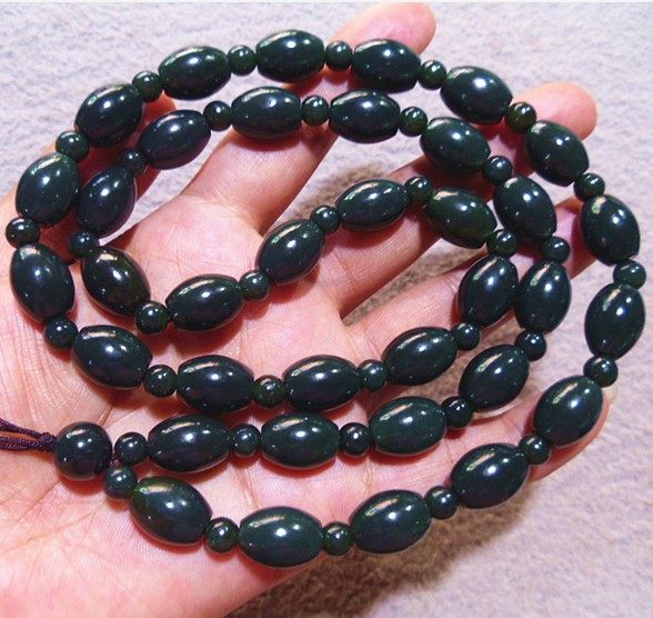 新疆和田玉项链男深墨绿油青椭圆米珠大路路通玉挂链塔青玉吊坠绳