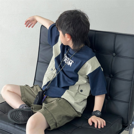 DLIDLIKIDS 夏季新款男童t恤上衣儿童高街拼色宽松字母洋气短袖T