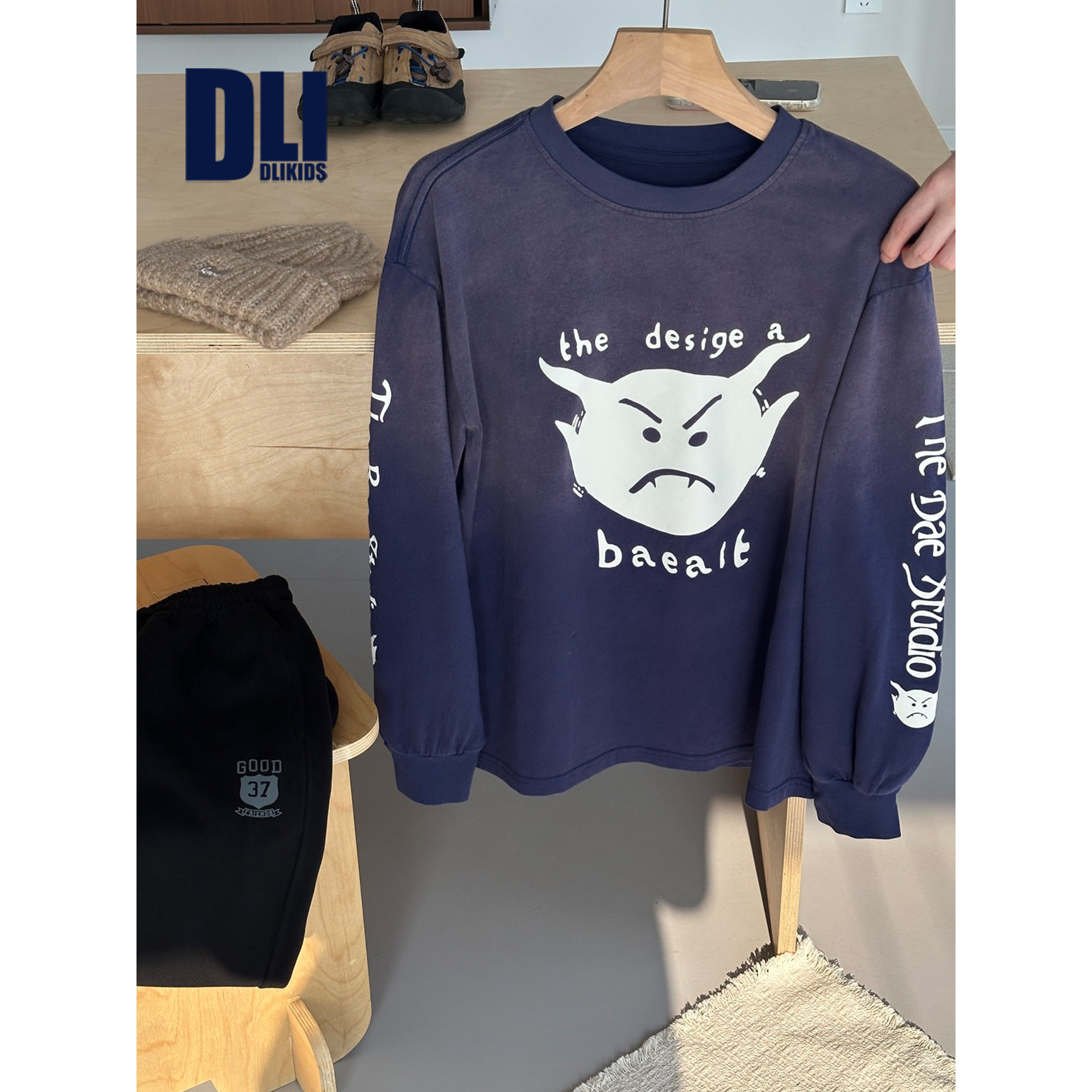 DLIDLIKIDS 秋季新款男童内搭上衣儿童渐变晕染做旧小怪兽长袖T恤