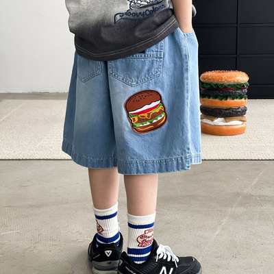 DLIDLIKIDS 夏季新款 儿童牛仔中裤 汉堡卡通男童休闲宽松短裤
