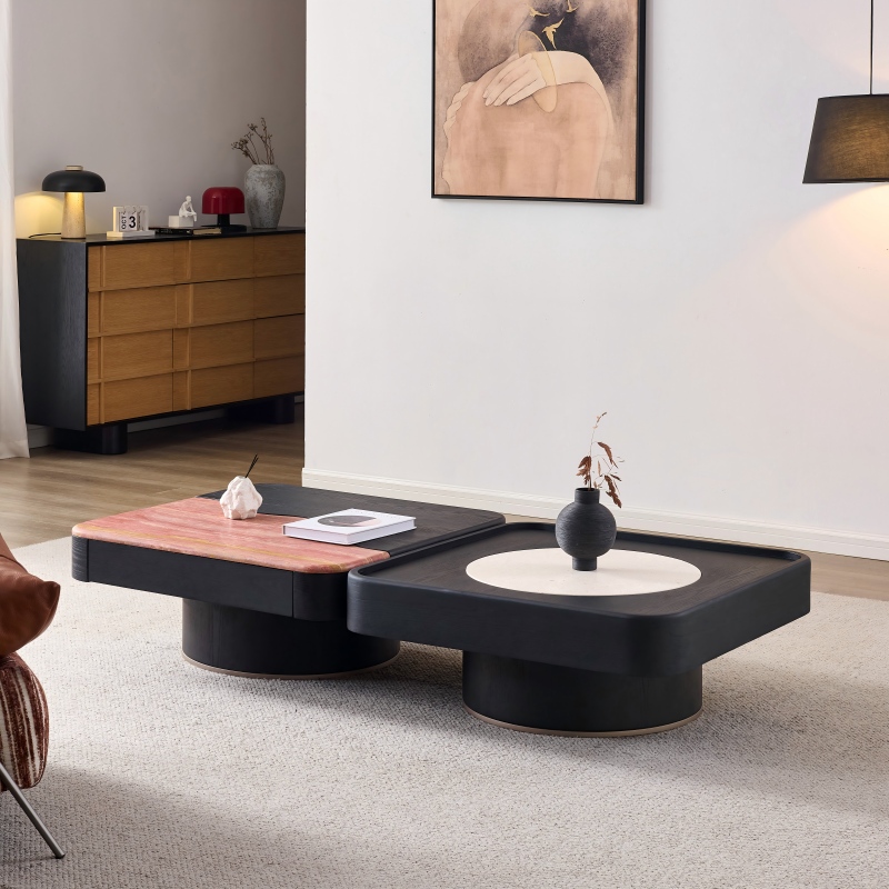 撞色拼接侘寂风茶几胡桃色