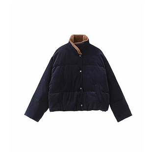 欢喜布衣 冬款细坑条灯芯绒拼接羊羔毛蓬松保暖翻领小版型羽绒服