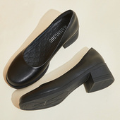 圆头粗跟4.5厘米空姐工作鞋 软底单鞋 女黑色皮鞋 礼仪面试酒店工鞋