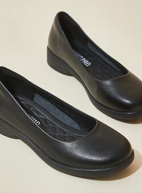 圆头低跟3cm厚底女式浅口皮鞋平底黑色女单鞋软底上班舒适工作鞋