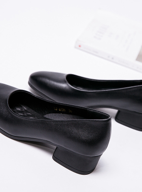 方头单鞋中跟黑色职业工作鞋女高跟鞋软底银行空姐鞋粗跟上班皮鞋