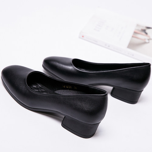 方头黑色职业空姐工作女软底皮鞋