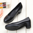 圆头酒店空姐工作鞋 中跟软底皮鞋 女浅口 女黑色粗跟单鞋 职业高跟鞋