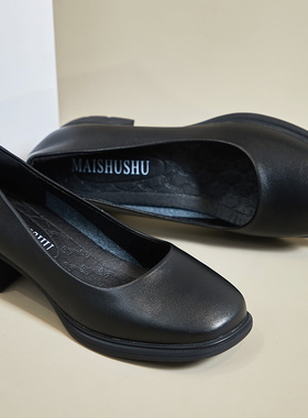 方头3.8cm粗跟软底黑色皮鞋女通勤软底单鞋舒适工作鞋女浅口中跟