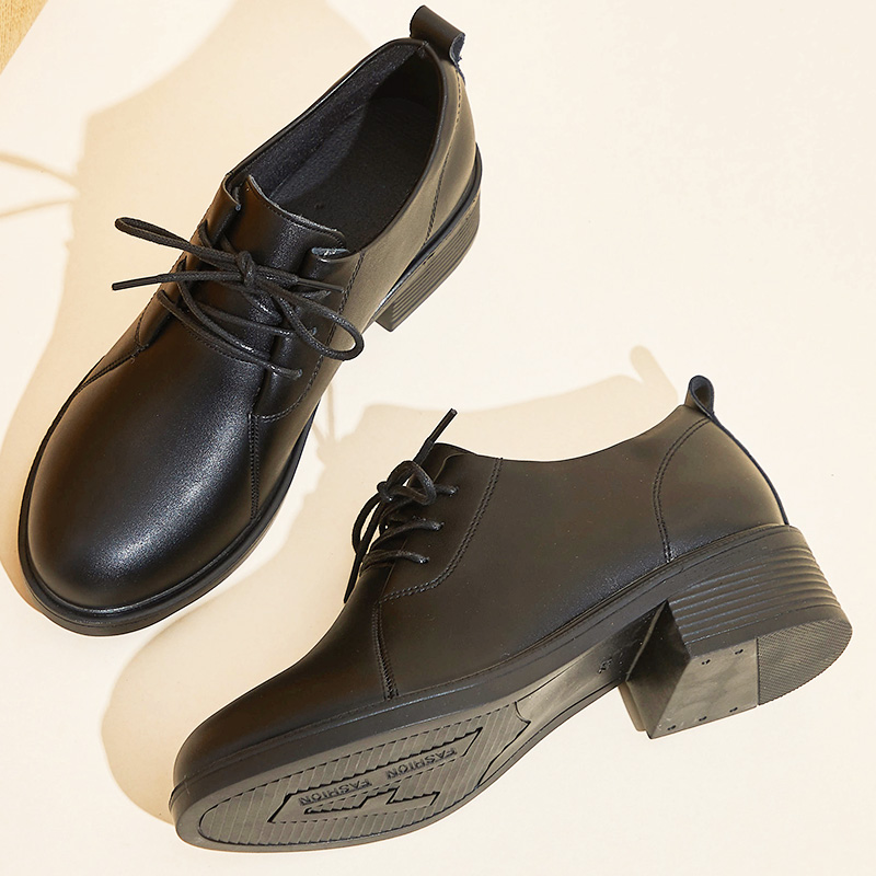 深口圆头系带粗跟黑色通勤女皮鞋