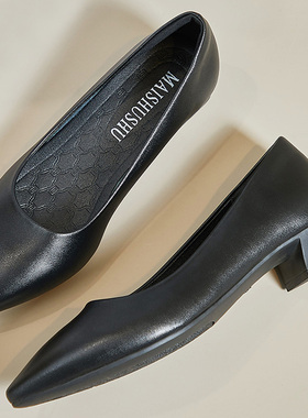 尖头矮跟3cm黑色高跟鞋女皮鞋低跟舒适中粗跟浅口单鞋软底工作鞋