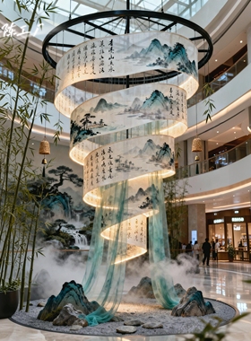 新中式卷轴吊饰景区美陈商场中庭山水装置酒店古风悬挂打卡道具