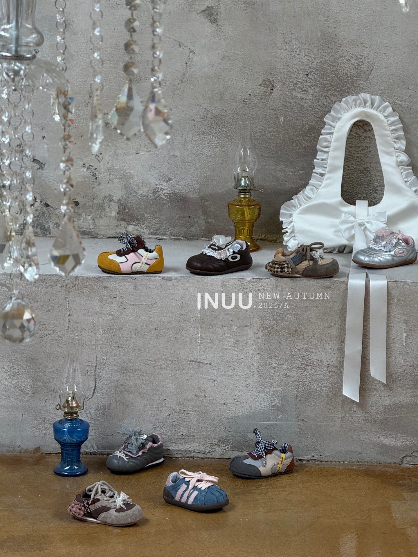 inuu25秋蕾丝花边珍珠老爹鞋卡其色旋钮扣休闲鞋黑色格子蝴蝶结