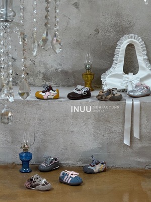 inuu25秋蕾丝花边珍珠老爹鞋卡其色旋钮扣休闲鞋黑色格子蝴蝶结