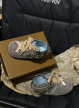 inuu灰色卡其色玩偶蝴蝶结单鞋玩偶兔子运动鞋卡其格子花边系带鞋