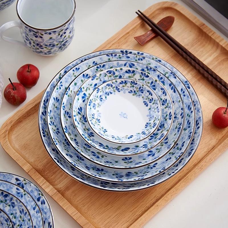 日本进口美浓烧釉下彩小蓝芽日式陶瓷餐具米饭碗面碗碟菜盘鱼盘