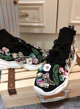 新款泰国潮牌弹力袜子鞋重工水钻时尚高帮鞋百搭休闲街拍女鞋