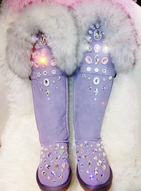 定制宝石香芋紫大狐狸毛皮带扣过膝超高筒牛皮雪地靴新品推荐限量