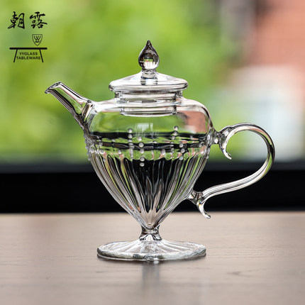 yyglass.雅雅朝露系列高硼硅耐热玻璃茶具高足拔萃壶小号手工吹制